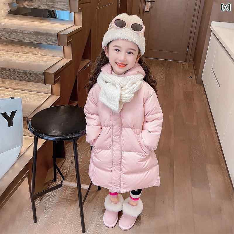 ダウンジャケット 女の子 キッズ ガールズ かわいい おしゃれ 韓国風 秋冬 厚手 防寒 暖かい ホワイトダックダウン ロング丈 膝下丈 フード付き ファスナー 長袖 通学 普段使い コート ピンク ブラック
