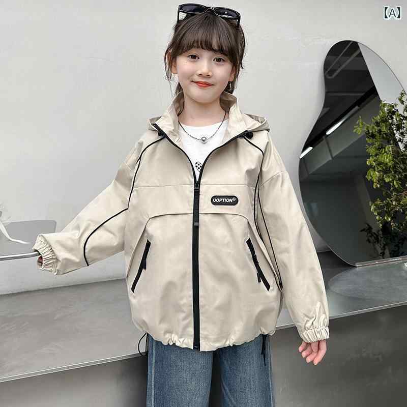 マウンテンパーカー 女の子 キッズ ジュニア 春秋 フード付き 長袖 ジップアップ 防風 薄手 スポーツ カジュアル おしゃれ 通学 ロゴ 切り替え ライトグレー ピンク アウター