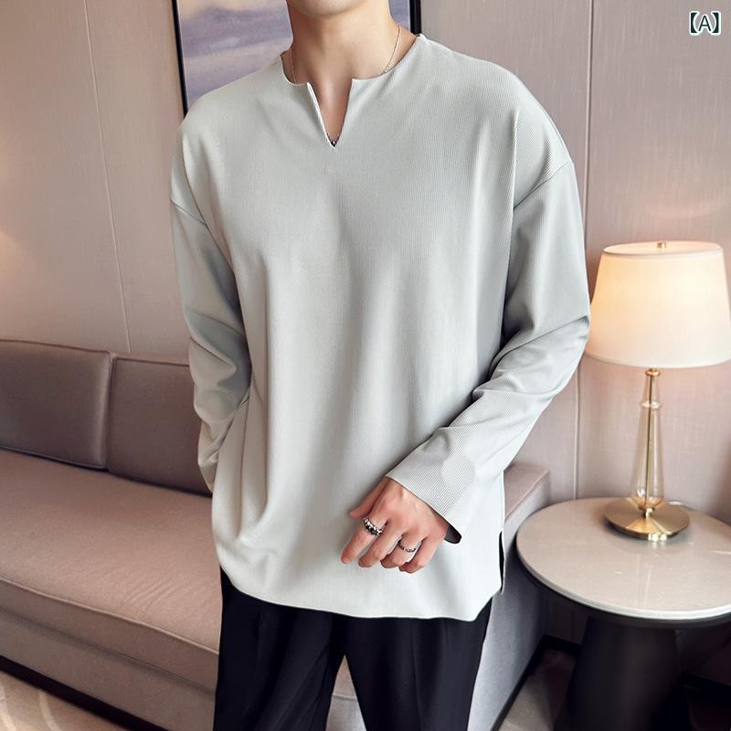 Tシャツ メンズ 春秋 長袖 Vネック ゆったり ルーズフィット ギャザー加工 薄手 通気性 快適 ポリエステル 無地 カジュアル 普段着 グレー ブラック