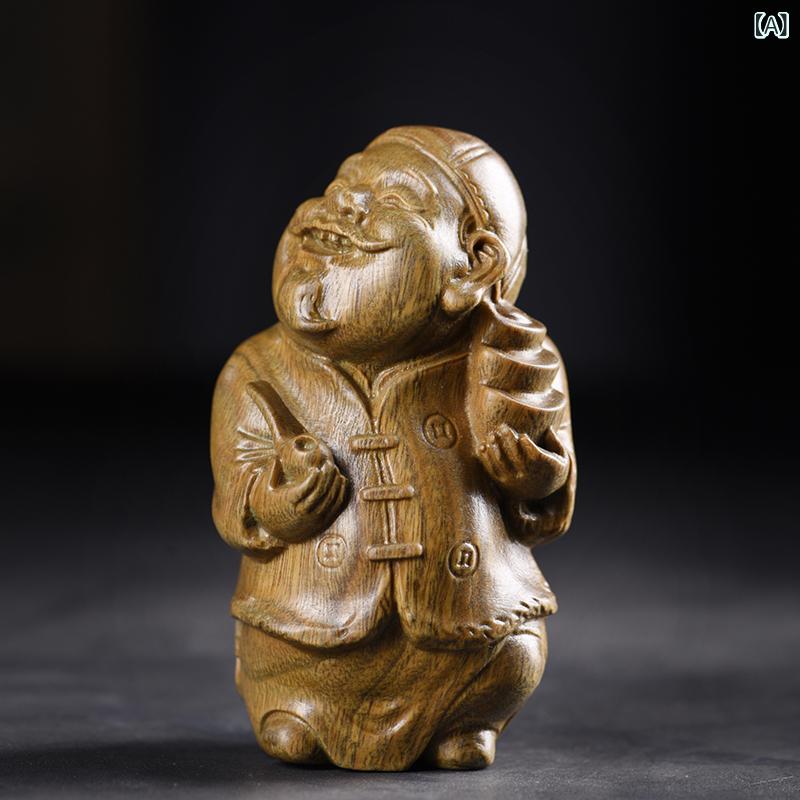 置物 緑檀 木彫り 財神 地主神 オブジェ 工芸品 ミニチュア 家庭用 オフィス用 デスク用 書斎用 開運 招福 商売繁盛 縁起物 アジアンテイスト インテリア 装飾品 ギフト プレゼント