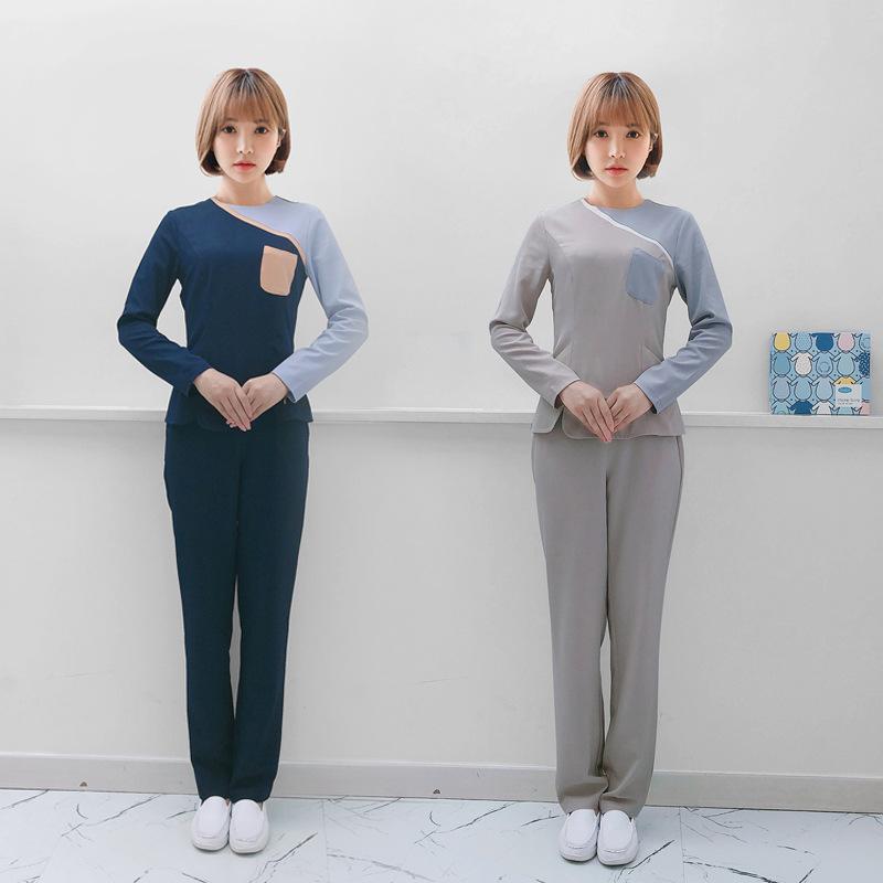 制服 レディース 韓国風 秋冬 長袖 セットアップ 美容 エステ ネイリスト 診療 介護 赤ちょうちん細工物 ポリエステル 防寒 うす暗い青色 点火装置薄墨色