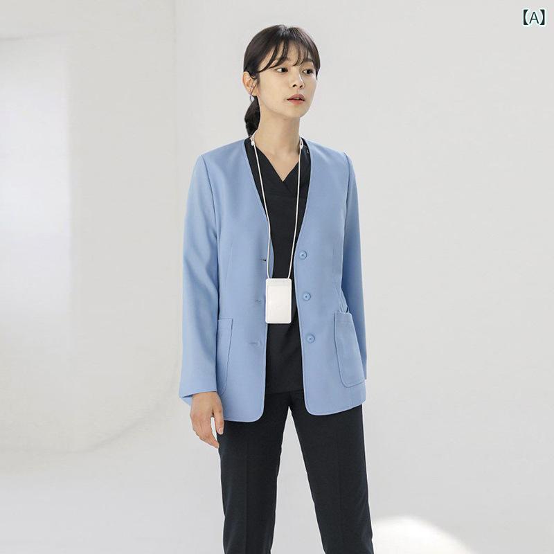 白衣 レディース 韓国風 長袖 か細い填まる 御医者さん厚地の外套 診療用 御医者さん 歯科 美容外科学 整形外科学 ホスピタル 診療所 ユニフォーム 制服 Vのど首 綿混素材