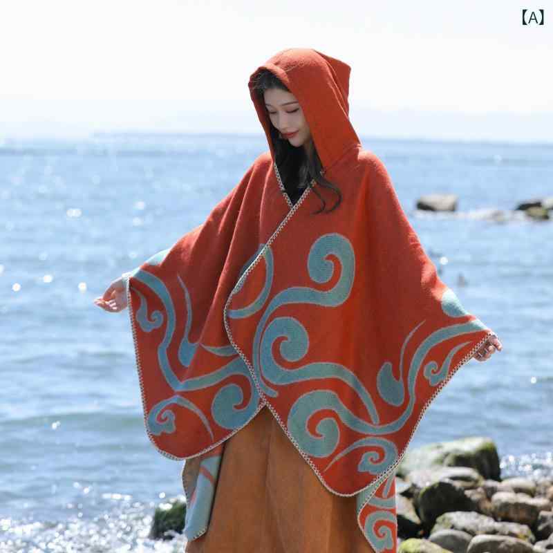 ポンチョ レディース 民族風 レトロ 厚手 フェイクカシミヤ カシミヤライク 防寒 保温 フリンジ ケープ ショール ストール 旅行 写真撮影 秋冬