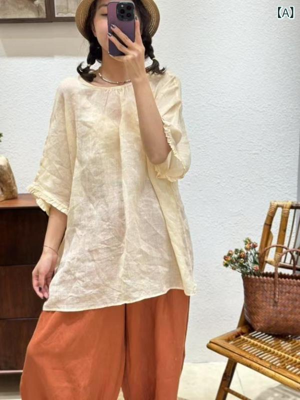 ティーシャツ 春夏 カラムシ 麻 レトロ 心地好い ウォッシュ産業 ティーシャツ 五分袖 袖フラウンス 無地 ゆったり 労働者の一団のど首 真っただ中丈 着回し 普段使い走り デイリー