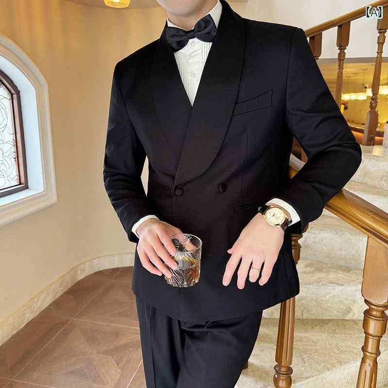 スーツ メンズ 男性用 宮廷風 ショールカラー ダブルブレスト 2点セット セットアップ スリムフィット 細身 長袖 無地 礼服 フォーマルスーツ タキシード フォーマルウェア 結婚式 披露宴 二次会 パーティ お呼ばれ ゲスト ステージ衣装 演奏会 発｜naruki