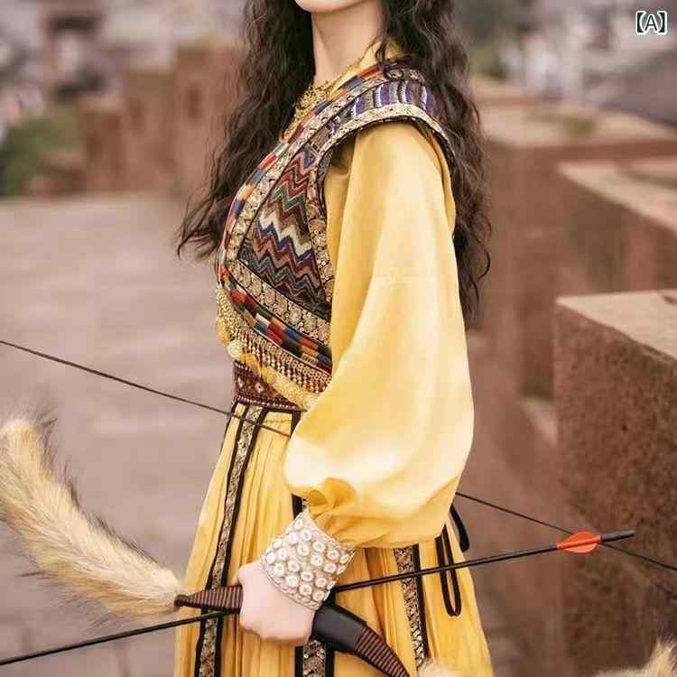 民族衣装 男女兼用 古代プリンセス 西域風 ハンティングスタイル トップス ロングスカート ベスト セット 豪華ゴールド装飾 リボン チベット 新疆 写真撮影 コスプレ イベント 舞台 発表会