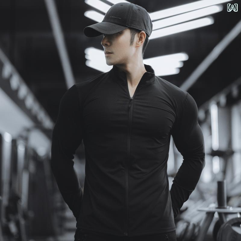 Tシャツ メンズ スポーツ カジュアル ランニング フィットネス トレーニング 伸縮性 ストレッチ 速乾 ドライ ジッパー スタンドカラー 無地 長袖 スリムフィット 春秋 ポリエステル 再生繊維 トップス