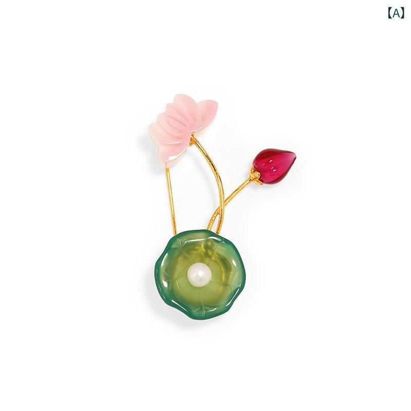 ブローチ レディース パール 蓮の花 蓮のつぼみ 蓮の葉 カルセドニー クィーンコンクシェル 瑠璃 ライトラグジュアリー アクセサリー ユニーク デザイン性 万能｜naruki