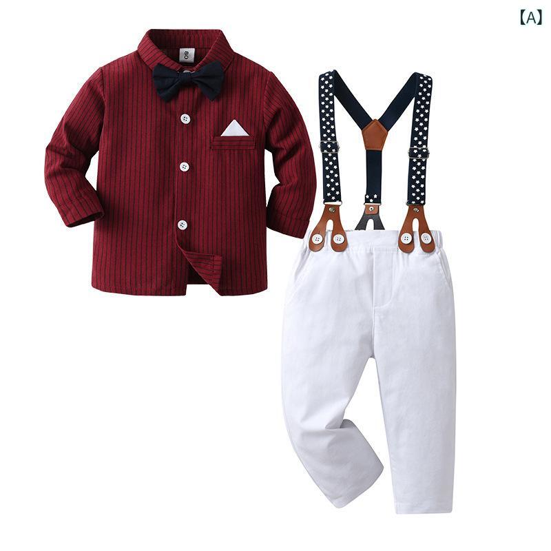 ベビー服 男の子 ブリティッシュ スタイル スリーピース セットアップ 3点セット サロペット オーバーオール フォーマル 礼服 紳士服 長袖 コットン ストライプ柄 春秋冬