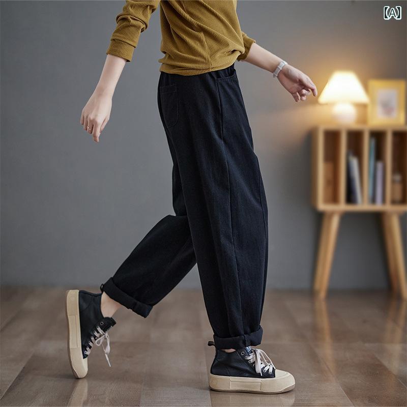 パンツ レディース レトロ ヴィンテージ 無地 起毛 ツイル 綿 コットン ハイウエスト ハーレムパンツ サルエルパンツ ルーズフィット ゆったり ロング丈 カジュアル リラックス ナチュラル 通勤 普段使い 秋冬