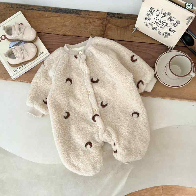 ロンパース ベビー 新生児 男の子 女の子 男女兼用 冬物 韓国風 刺繍 厚手 裏起毛 保温 防寒 長袖 カバーオール ポリエステル