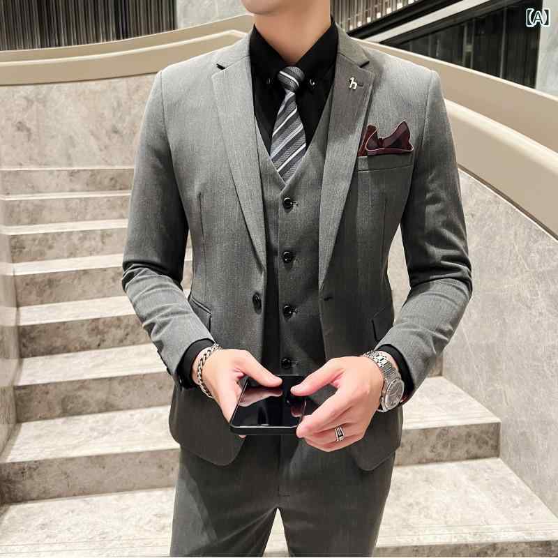 スーツ セットアップ メンズ スリーピース 韓国風 スリム 細身 新郎 結婚式 礼服 ブライダル ビジネス フォーマル カジュアル オフィスカジュアル 化学繊維混紡 ライトグレー ダークグレー