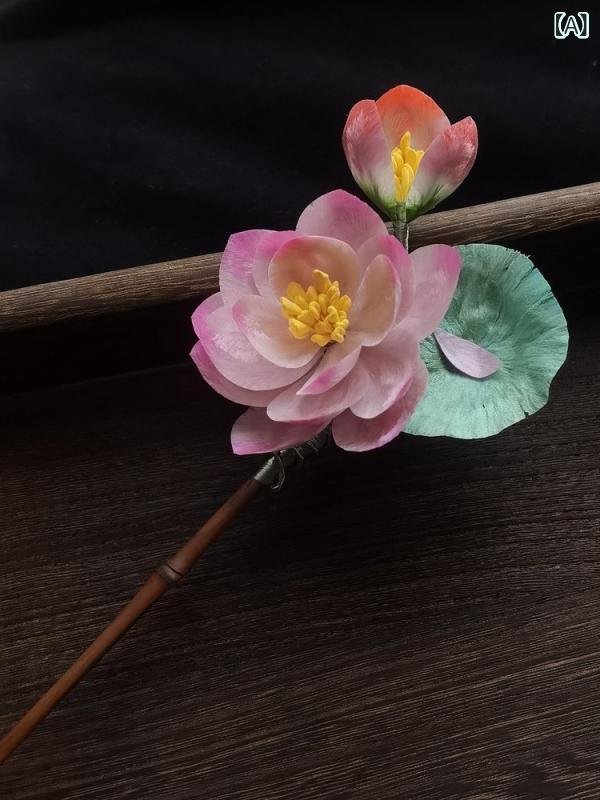 簪 レディース 中国風 漢服表現スタイル 蓮の花 歩揺かんざし ゆらゆら 天鵝絨 絹地 髪飾りつけ まとめ髪 引きあげる表現スタイル 一こま でき事 レトロ サクラ色 竹製 御前上等感