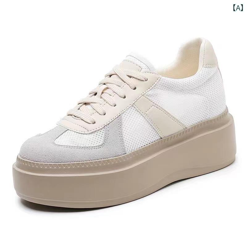 スニーカー レディース 女性用 厚底 プラットフォーム インヒール シークレットヒール ジャーマントレーナー レトロ クラシック メッシュ 通気性 普段使い カジュアル 白 ラウンドトゥ レースアップ 配色 マイクロファイバー シューズ(x2)画像