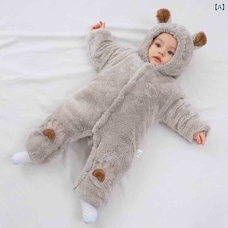 ロンパース ベビー 赤ちゃん 新生児 乳幼児 男女兼用 秋冬 厚手 保温 裏起毛 カバーオール フード付き 長袖 足つき くま柄 アニマル柄 前開き スナップボタン 肌触り良い カジュアル お出かけ ポリエステル