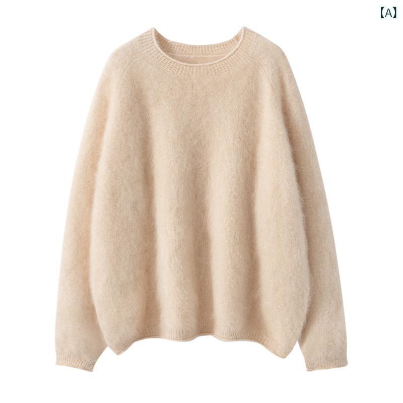 ニット レディース 100%カシミヤ 起毛 厚手 長袖 ラウンドネック プルオーバー ゆったり ビッグシルエット 無地 秋冬 通勤 オフィス デイリー トップス