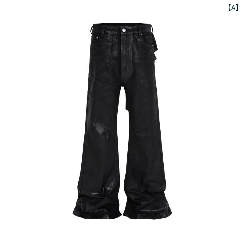 デニムパンツ メンズ ハイストリート アメカジ コットン ブラックコーティング 厚手 ウォッシュ加工 ヴィンテージ加工 ノンストレッチ ルーズフィット フレア ワイド 通年