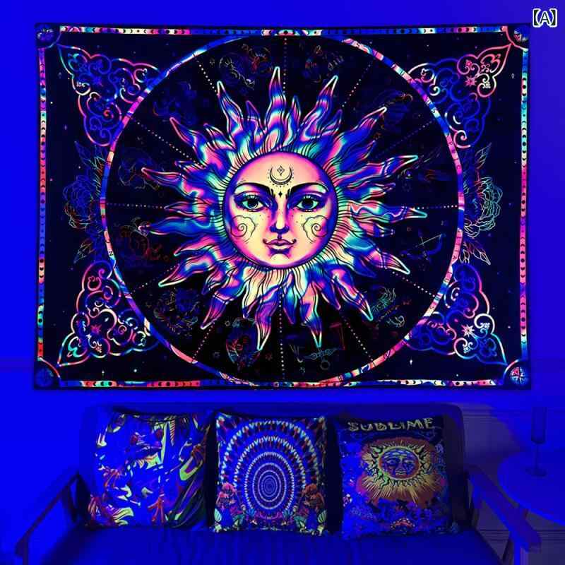 タペストリー ボヘミアン 蛍光 太陽 紫外線 UV反応 タロットカード柄 インテリア ポリエステル 北欧風 リビング 寝室 壁掛け アート ウォールデコレーション 長方形