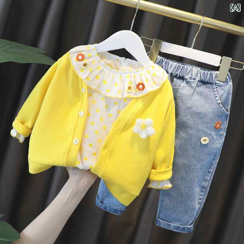 キッズ 女の子 セットアップ 3点セット 春秋 韓国風 パンツセット 長袖 長ズボン 綿素材 ソフト 花柄 ドット柄 おしゃれ かわいい イエロー グリーン オレンジ 普段着 お出かけ着