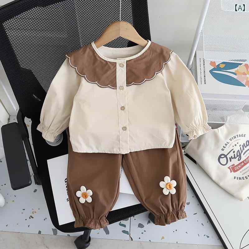 パンツスーツ キッズ 女の子 ベビー服 韓国風 襟付き 2点セット セットアップ 長袖 ロングパンツ 動物柄 綿混 肌触りの良い かわいい おしゃれ 通園 普段着 秋冬 ベージュ ブラウン