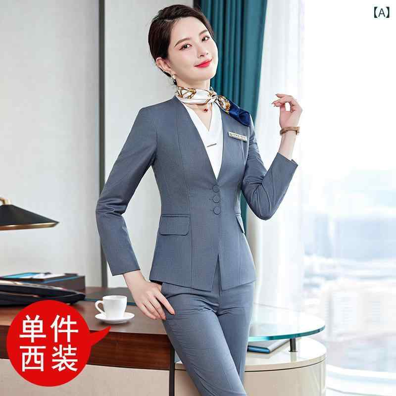 セットアップ レディース 春秋 エレガント 上品 ノーカラー 長袖 ジャケット オフィス ビジネス 通勤 制服 ホテル 受付 宝石店 不動産 ポリエステル ストレッチ