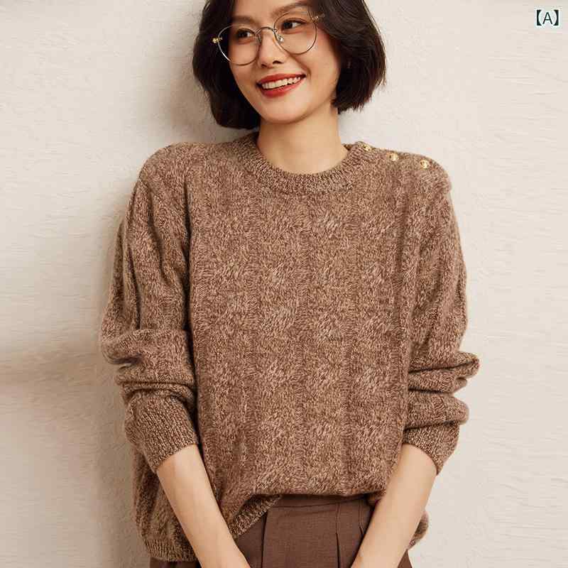 ニット レディース 柔らか 肌触り カシミヤ クルーネック ゆったり ケーブル編み 無地 トップス 普段使い 秋冬
