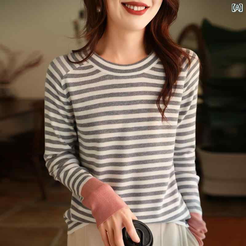ニット レディース 女性用 春秋 ファインウール クルーネック 長袖 ゆったり オーバーサイズ 中厚手 配色ストライプ カジュアル 普段使い 着回し トップス
