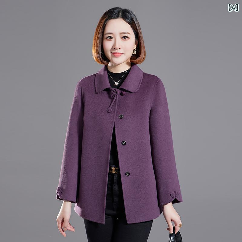 コート レディース ママ服 ミセス 秋冬 ダブルフェイス 羊毛 ウール メルトン アウター ショート丈 ゆったり ルーズフィット ハンドメイド 手縫い テーラードカラー 厚手 通勤 デイリー 上品