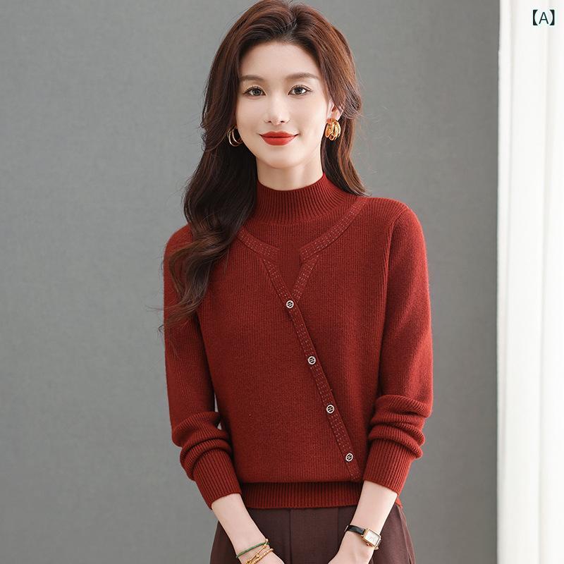 ニット レディース 女性用 長袖 プルオーバー ハイネック ゆったり 厚手 切り替えデザイン エレガント 上品 洗練された ファッション オフィス 通勤 カジュアル 秋冬 トップス アクリル ポリエステル