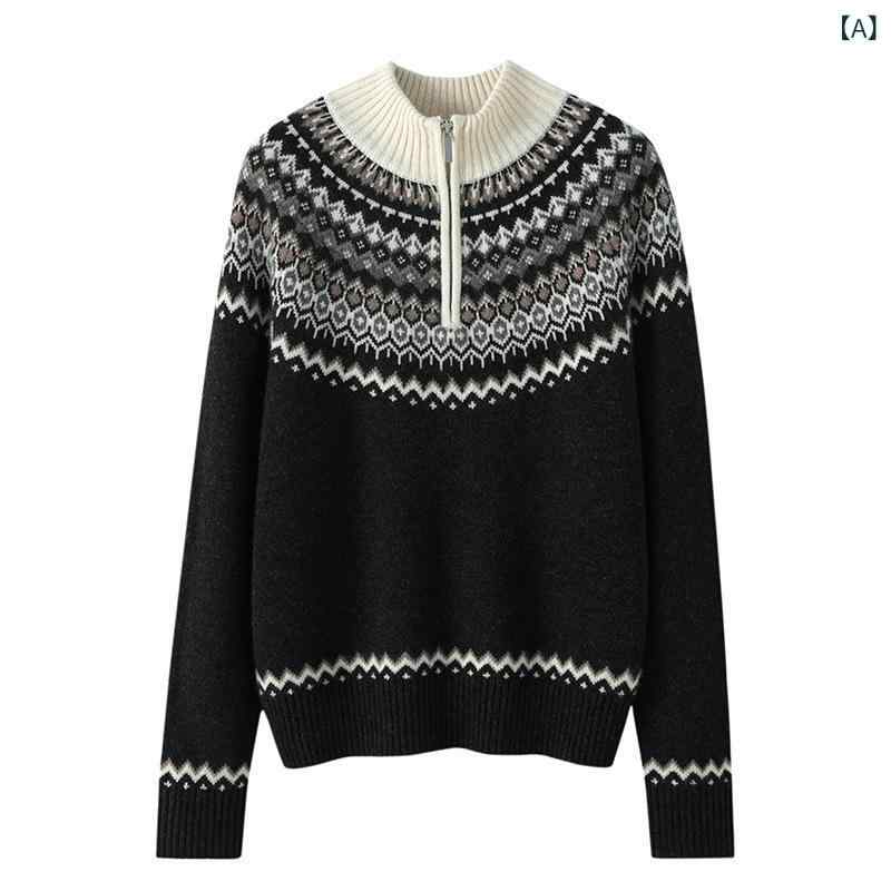 カーディガン レディース カシミヤ100% ニット ジップアップ 配色 ジャガード レトロ 襟付き ゆったり 厚手 カジュアル 普段使い 通勤 秋冬 羽織り トップス