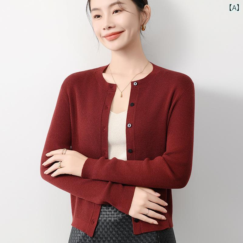 ニットカーディガン レディース 秋 アンゴラレッド ラウンドネック スリムフィット 細身 着痩せ効果 長袖 リブ編み ミドル丈 シングルボタン 通勤 オフィス 羽織り インナー