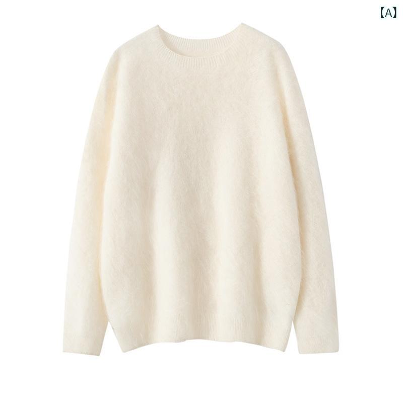 セーター レディース 純カシミヤ 厚手 ゆったり クルーネック 長袖 プルオーバー 柔らかい肌触り 無地 起毛 上質ニット トップス 秋冬