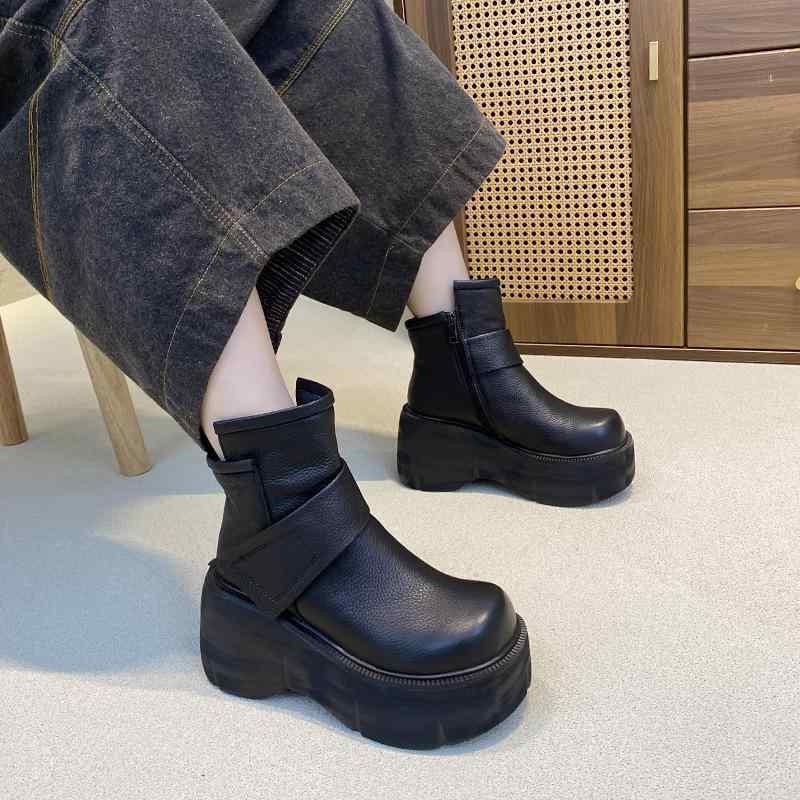 ショートブーツ レディース 牛革 厚底 ウェッジソール 9cmヒール プラットフォーム ラウンドトゥ 面ファスナー サイドジップ 軽量底 シンプル カジュアル レトロ 秋冬 春 ブラック ブラウン｜naruki