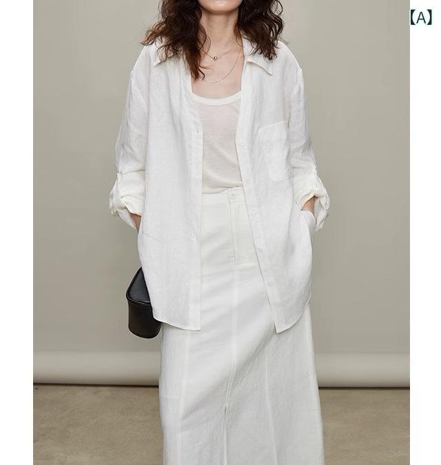 シャツ レディース フレンチスタイル 白 リネン 麻 綿麻 薄手 UVカット 長袖 ゆったり ルーズフィット 無地 襟付き ボタンシャツ レギュラー丈 春夏 トップス 上品 高級感 オールドマネー風