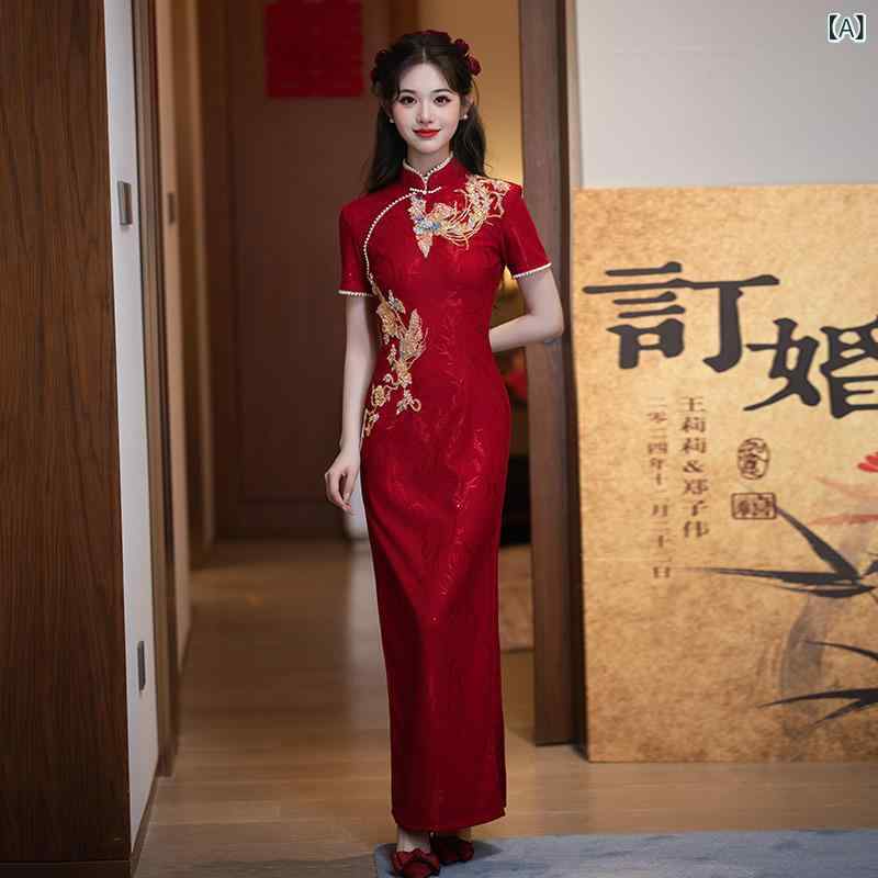チャイナドレス 女性用 刺繍 長丈 立領 斜襟 三分袖 中開・楷 レース ポリエステル 再生繊維 微弾性 復古 夏 日常 文? ロングドレス 結婚式 敬酒服 訂婚服 回門服 カジュアル 軽量 通勤 普段使い かわいい ハイネック 切り替え ブラック ピンク