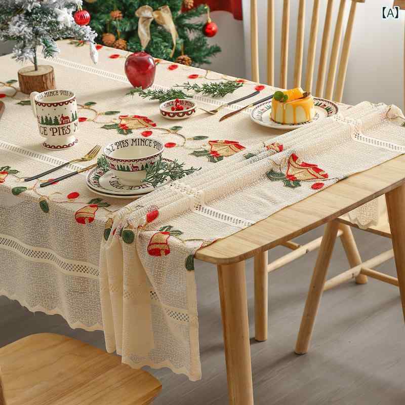 長方形 テーブルクロス クリスマス ベル 刺繍 レース 米色 防滑 耐磨 防塵 耐高温 防? 隔熱 美化 装飾 茶几 布 テーブルマット コットンライク ポリエステル
