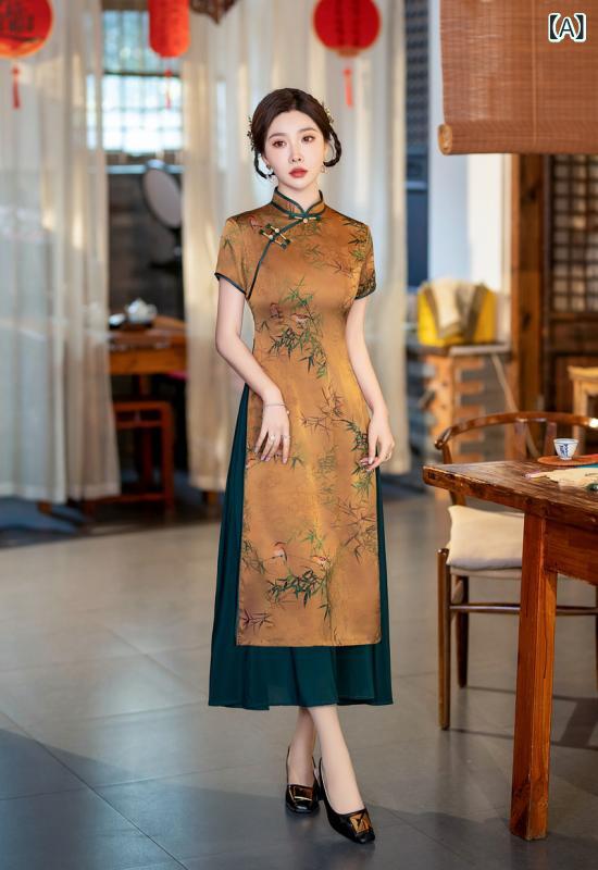 チャイナドレス 女性用 春夏 長丈 改良 復古 立領 三分袖 中開・楷 切り替え 花柄 再生繊維 ・届?混 スリム クラシカル かわいい ロングドレス