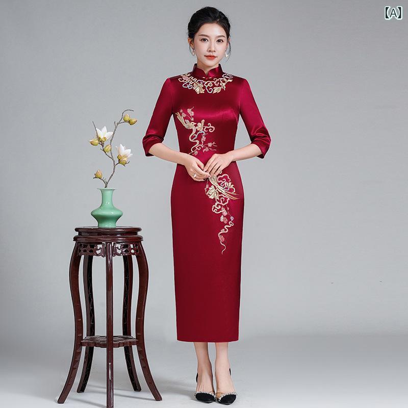 チャイナドレス 刺繍 結婚式 ママ 礼服 女性用 春秋 ミドル丈 立襟 5分袖 中開き 醋酸繊維 ポリエステル 立体柄 酒?色 紫色 空色 孔雀緑 刺繍 切り替え 復古 中国風 ウェディング フォーマル 普段使い 伸縮性 高級感 13,023円