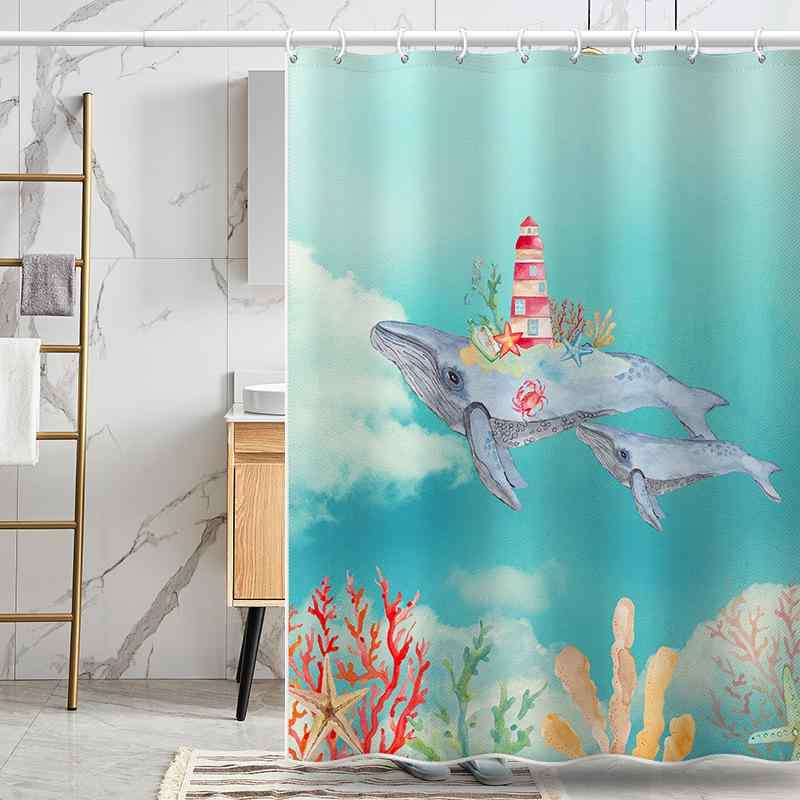 浴室カーテン 手描き水彩 かわいいクジラ柄 防水 防カビ 高清プリント 隔離用 窓用 厚手生地 通気性 通年用 軽量 家庭用 シンプルデザイン