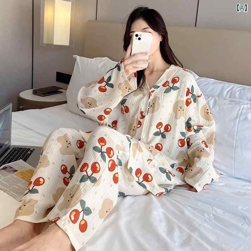 パジャマ レディース 春秋 純棉 長袖 長ズボン セット Vネック 薄手 透気性 快適 インナー ルームウェア ガウン 大桜桃 ピーチピンク オレンジ 紫ローズ ビッグサイズ 3XL 4XL 5XL 切り替え プリント 綿100 簡約 居家 睡眠 沐浴
