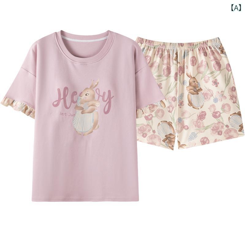 夏用パジャマ レディース 綿 短袖 短パン 薄手 セット かわいい ・柑通柄 ルームウェア 部屋着 外出着 居家 快適 休? 丸首 三分袖 春夏 青年女性