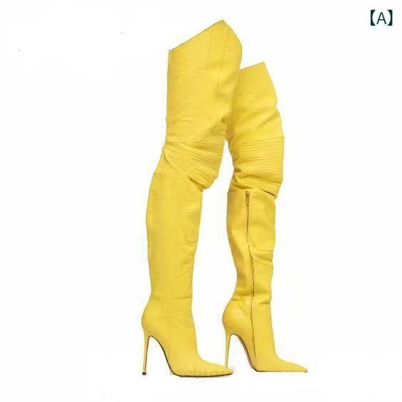 パンプス 女性用 尖頭 細ヒール 超高ヒール 黄色 テクスチャー 切り替え 側拉鏈 中口 冬 秋冬 PU素材 羊皮インソール ゴム底 ローマスタイル カジュアル 普段使い 街履き 舞台靴 ロングブーツ|naruki