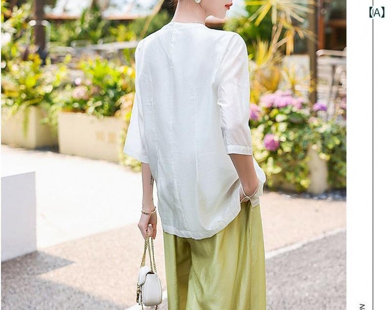 レディース ワイドパンツ セット 夏 接触冷感 レイヨン リヨセル 素材 通勤 普段使い ゆったり シルエット 膝下丈 ロングパンツ セットアップ 白色 純色 飛脚袖 五分袖 都市 カジュアル スタイル 気品 遮肉 スリム効果 軽量 吸湿速乾 6,155円