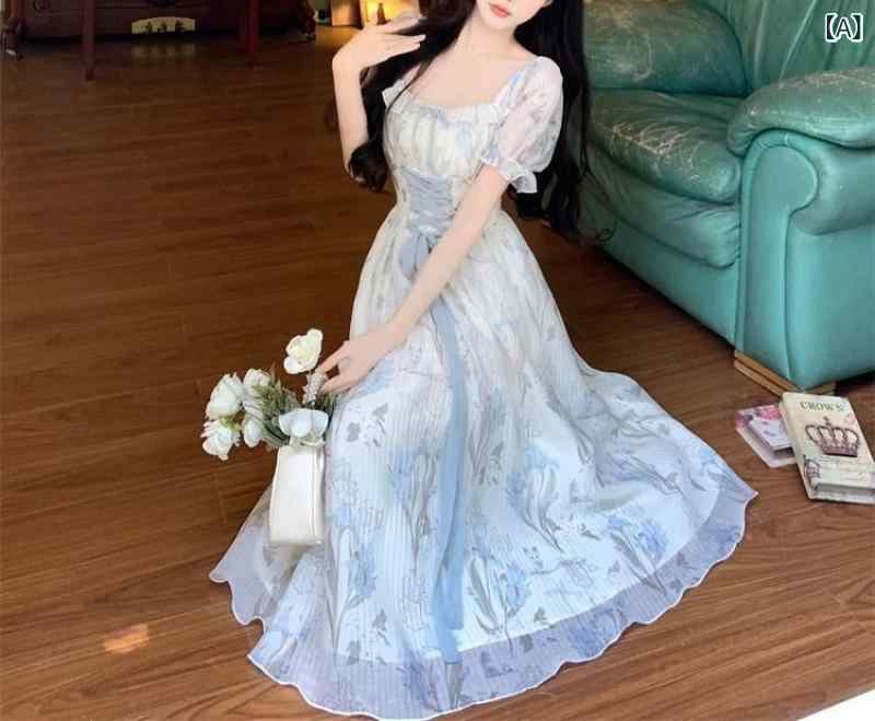 ワンピース 女性用 春夏 フレンチスタイル 方領 フラワー柄 Aライン ロングスカート ウエスト系結び かわいい 甘め 雪? ポリエステル 短袖 背中ジップ 裏地付き 街頭風 軽やか 涼しい ブルー系 切り替え