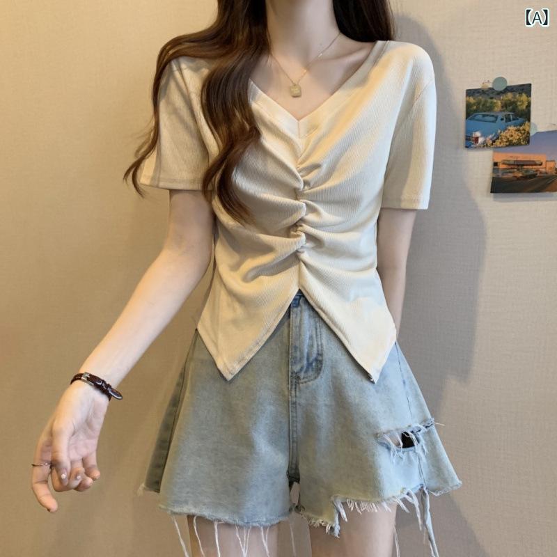Tシャツ トップス レディース 短袖 Vネック 夏 春夏 収腰 スリム 綿 コットン 純色 杏色 ブラック 気質 通勤 普段使い 都市風 肩正 短丈 上衣