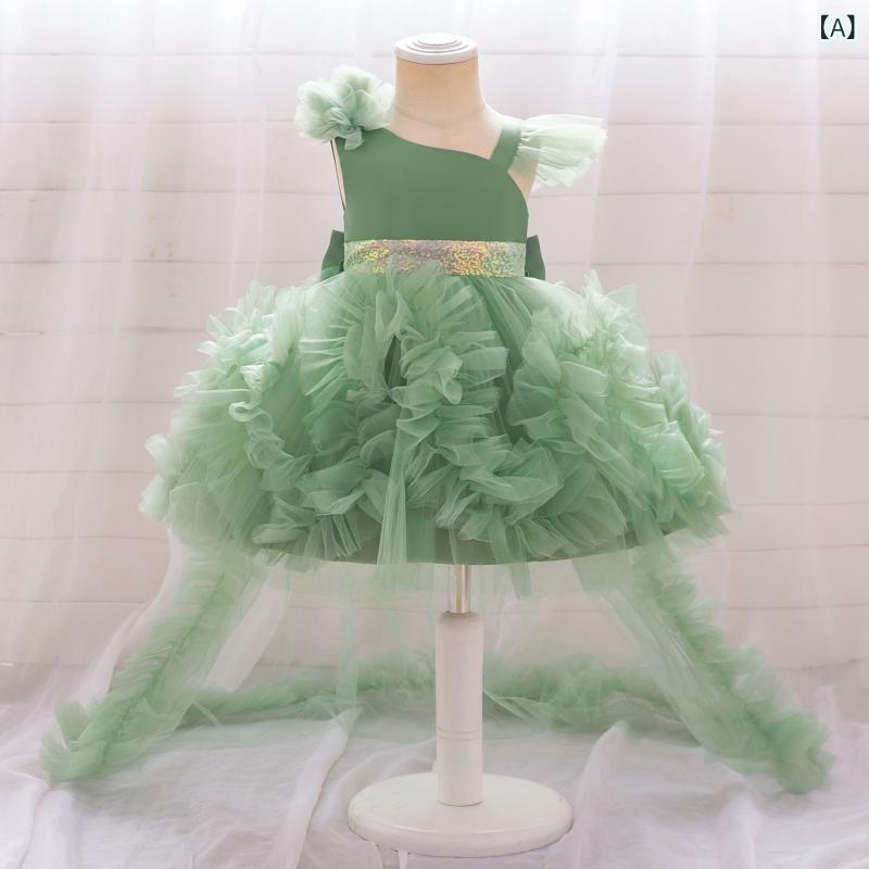 女児 ドレス 女の子 1歳 誕生日 パーティー 礼服 短袖 プリーツ チュール レース トレーン プリンセス スカート 蓬蓬 綿混紡 かわいい 春夏秋冬 通年 グリーン ピンク 紫 白 黄色 柔らか 軽量