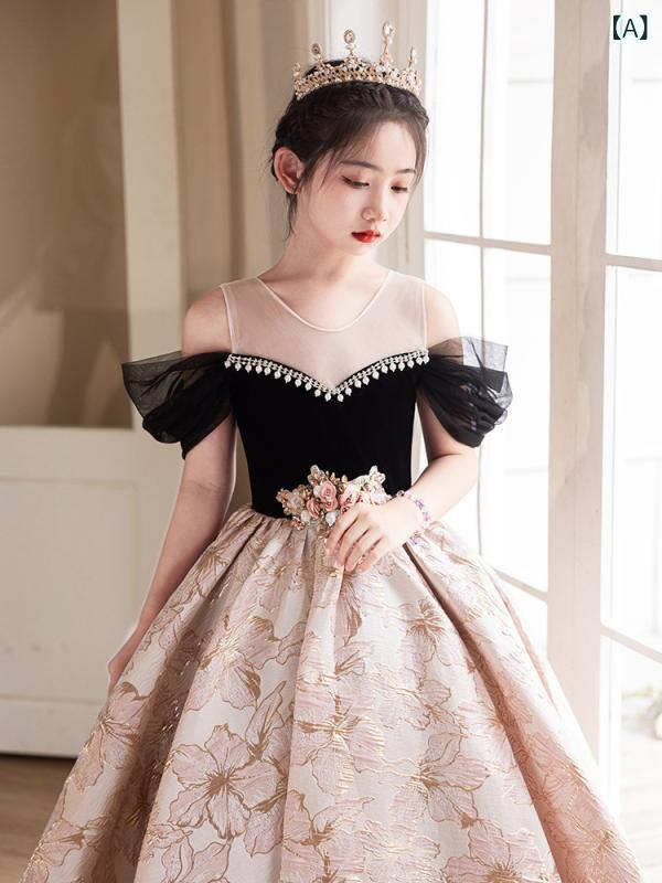 女児 礼服 女の子用 黒 ワンピース フレンチスタイル オフショルダー チュールスカート 蓬蓬スカート 演出服 ピアノ発表会 発表会用 ホスト衣装 公主風 ポリエステル混紡 酵素洗加工 通年用 プリンセススタイル かわいい 大きめシルエット 女児パーティ