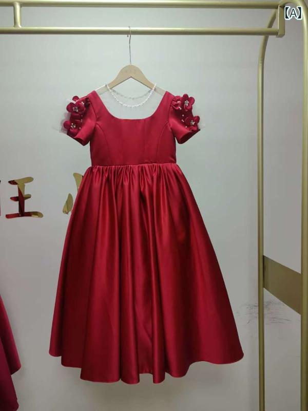 女児 礼服 女の子用 プリンセスドレス 花嫁付添い ドレス 赤 ポリエステル混紡 プリーツ加工 かわいい 幼児用 中小児 3～8歳 100～140cm 通年 演奏会 パーティー 誕生日 女児 洋服 子供服 ドレスアップ フォーマル かわいい 赤ドレス プ｜naruki
