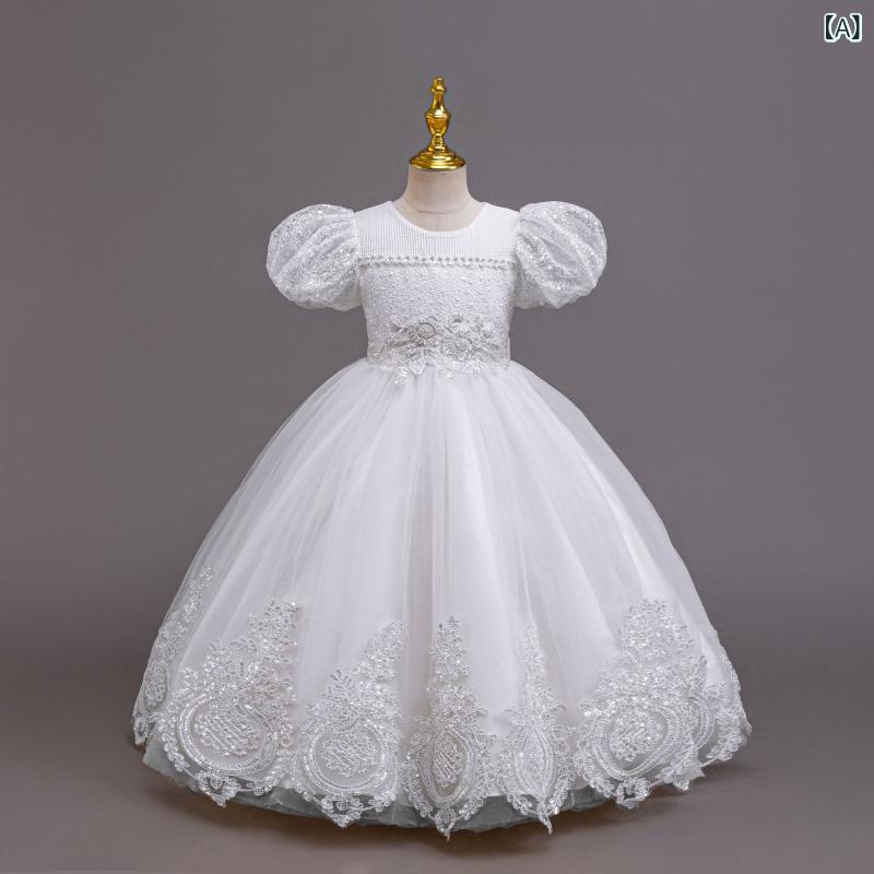 子供服 女の子 礼服 ワンピース プリンセスドレス 刺繍 スパンコール フリル袖 かわいい ピンク ホワイト ワインレッド シャンパン 豆沙色 コットン混紡 ポリエステル 綿裏地 酵素洗い 春秋夏冬 通年 3～8歳 110～160cm プリンセス風 フォ
