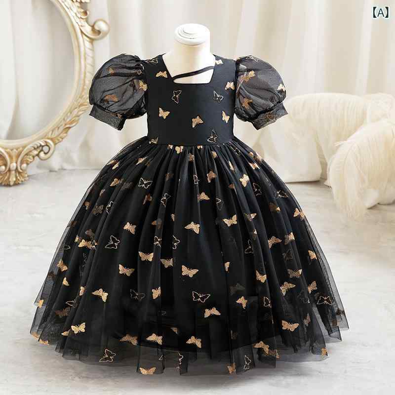 女の子 ドレス キッズ 女児 礼服 花嫁 子供 パーティー ドレス 黒 チュール プリンセス スカート 網? ポリエステル コットン 裏地 プリーツ プリント 100-140cm 中小児 通年